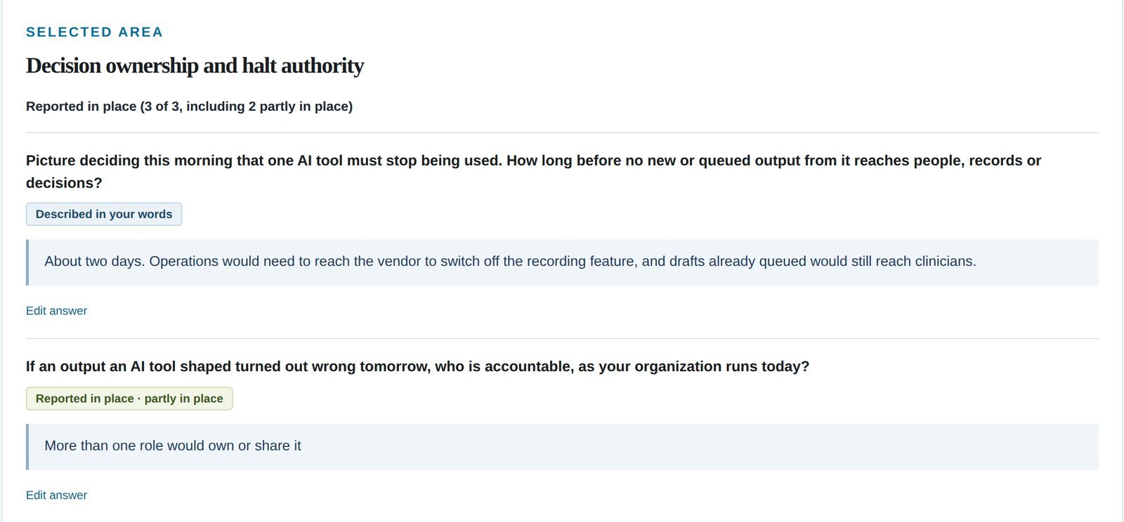 One governance area opened: each question with the answer quoted back and an edit link.